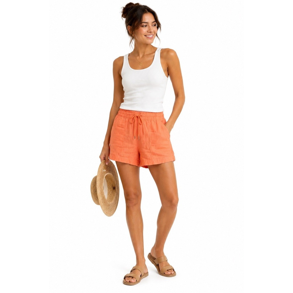 Athleta Coral Peach 100% Linen Drawstring  4" Shorts Size 10 Vacation Resort